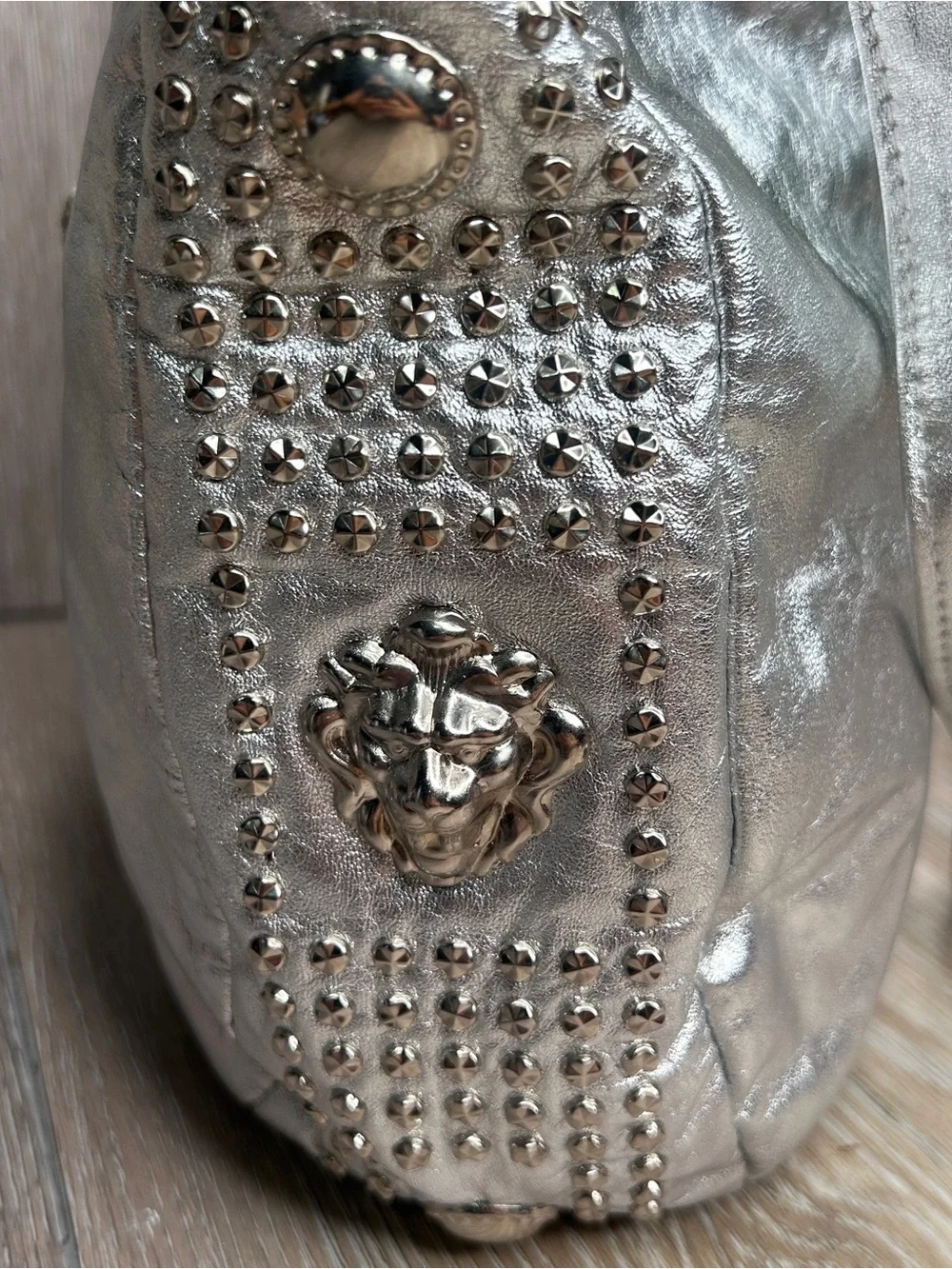 Bags by Pinky • Metallic Silver Studded Shoulder Bag • Genuine Leather •USA Made - Picture 4 of 12